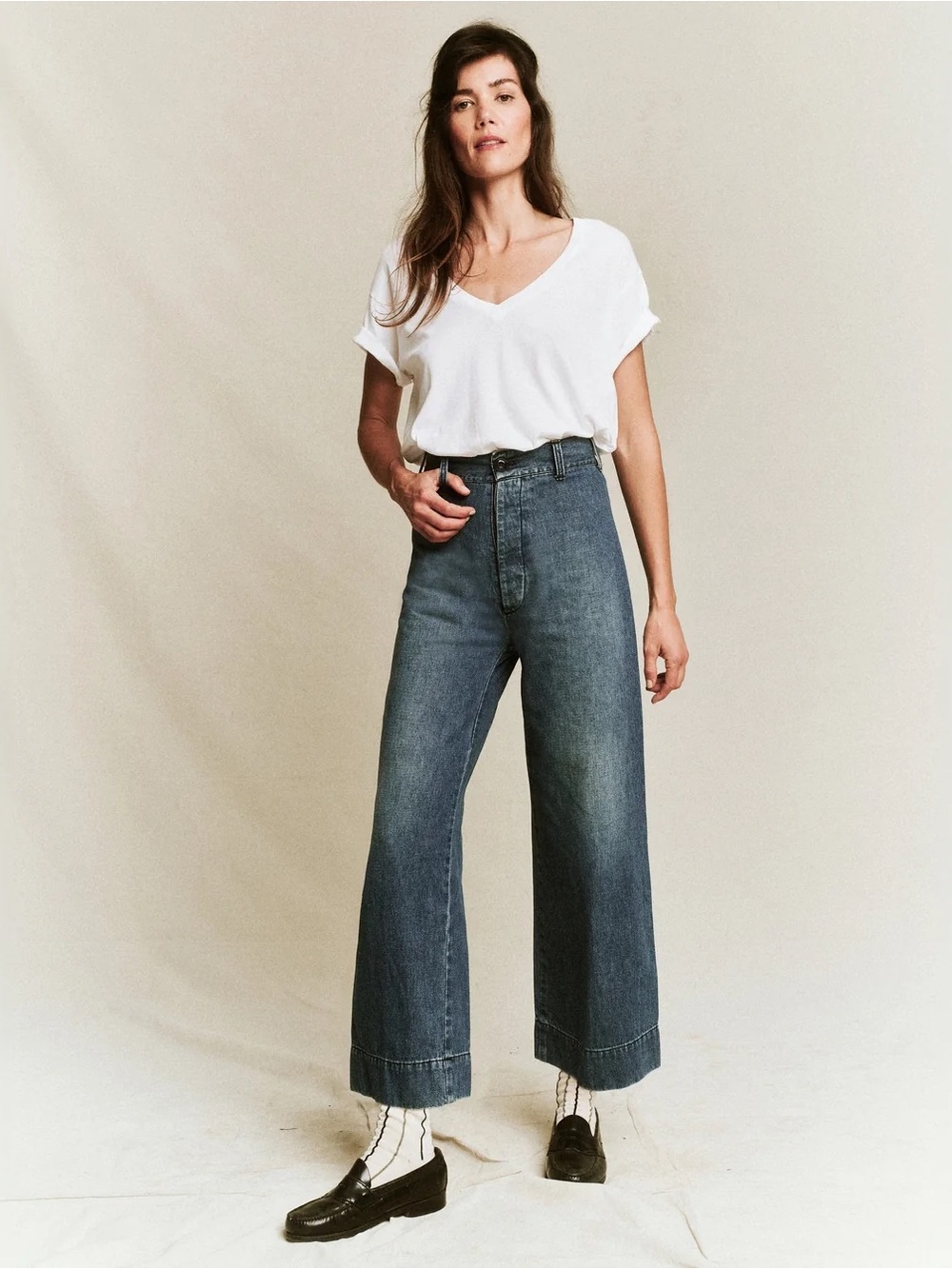 The Great The Seafair Jeans 25 Blue High Rise Wide Leg Button Fly USA